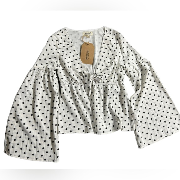 LISTICLE peplum bell long sleeve deep V front bow accent polka dots blouse top - Picture 6 of 6